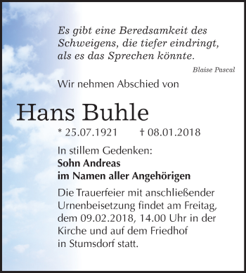 Traueranzeige von Hans Buhle von Mitteldeutsche Zeitung Bitterfeld