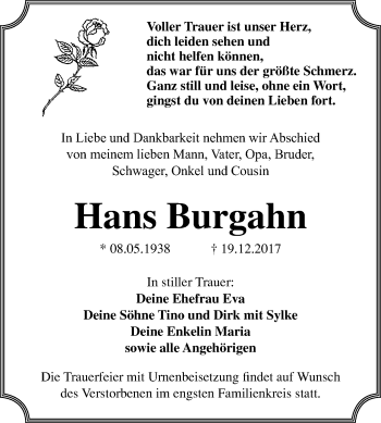 Traueranzeige von Hans Burgahn von Mitteldeutsche Zeitung Bitterfeld