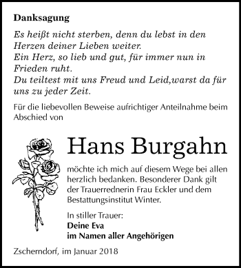 Traueranzeige von Hans Burgahn von Mitteldeutsche Zeitung Bitterfeld