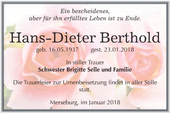 Traueranzeige von Hans-Dieter Berthold von WVG - Wochenspiegel Merseburg