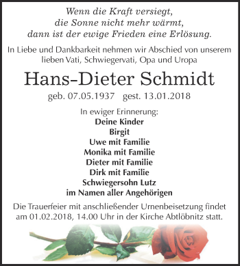 Traueranzeige von Hans-Dieter Schmidt von WVG - Wochenspiegel NMB / WSF / ZTZ