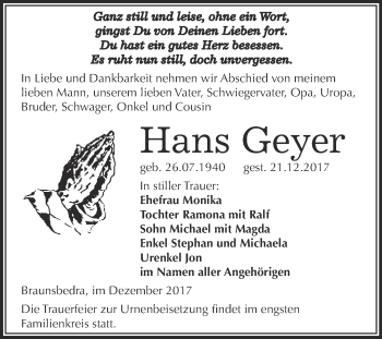 Traueranzeige von Hans Geyer von WVG - Wochenspiegel Merseburg