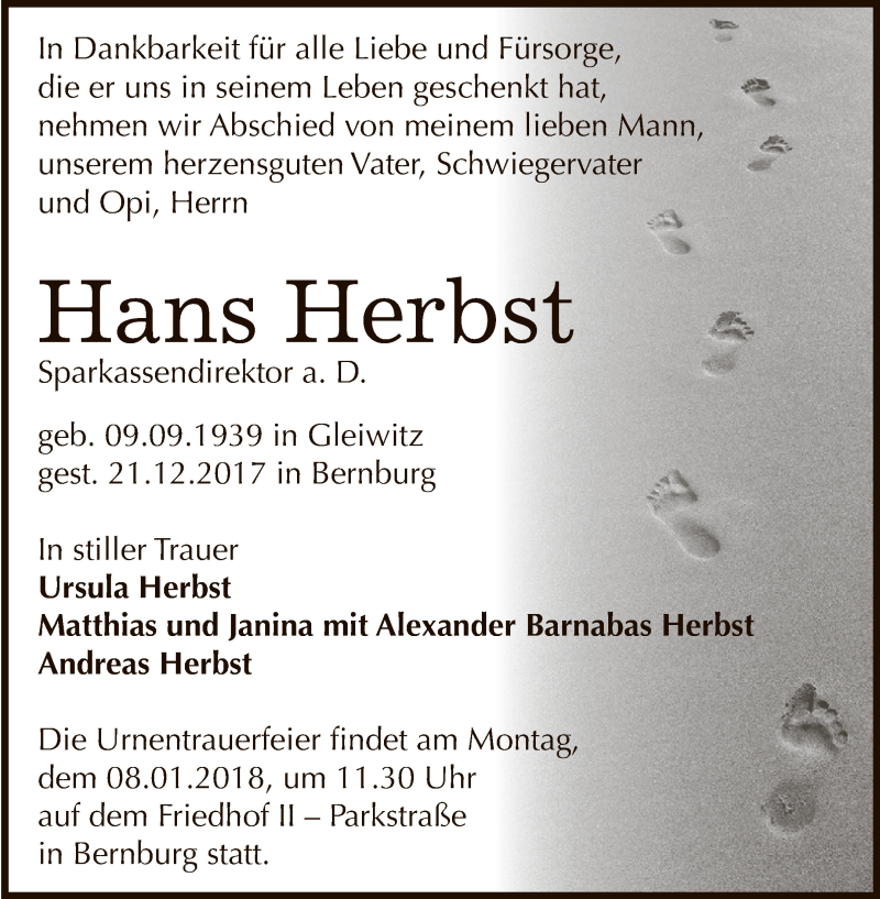  Traueranzeige für Hans Herbst vom 30.12.2017 aus Super Sonntag Bernburg