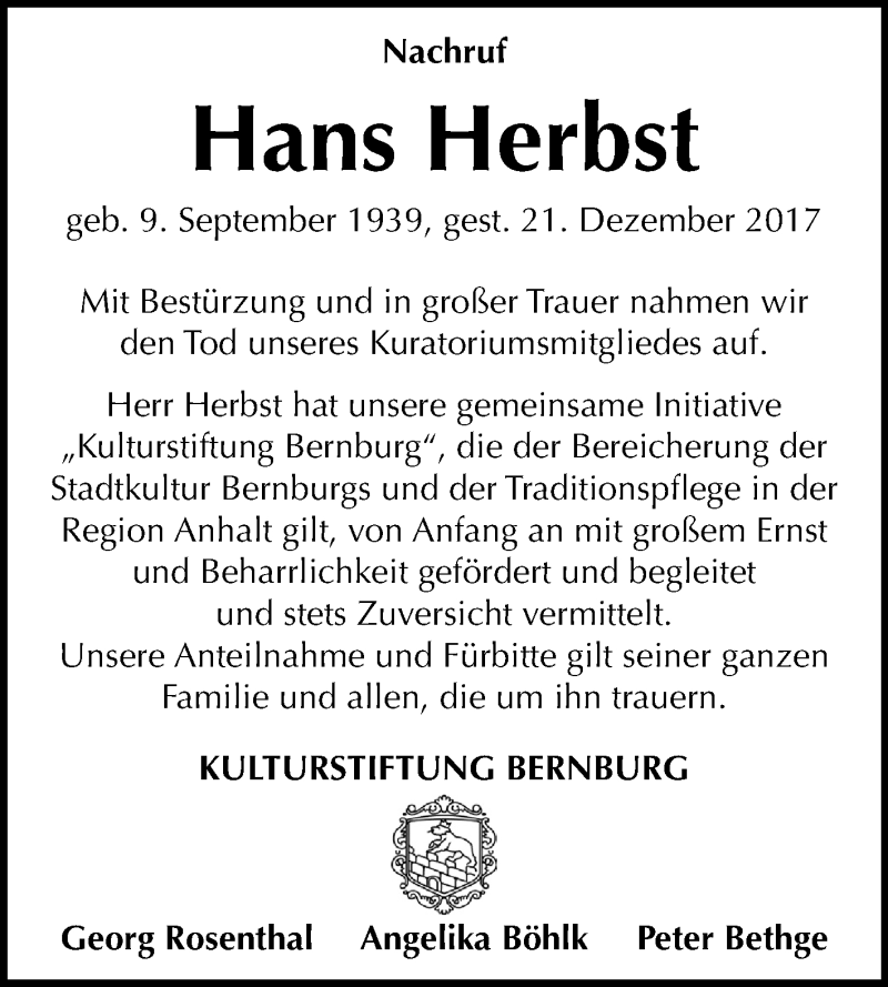  Traueranzeige für Hans Herbst vom 03.01.2018 aus Mitteldeutsche Zeitung