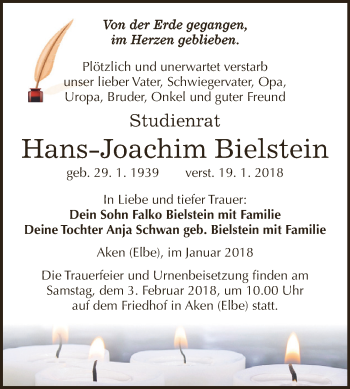 Traueranzeige von Hans-Joachim Bielstein von WVG - Wochenspiegel Dessau / Köthen