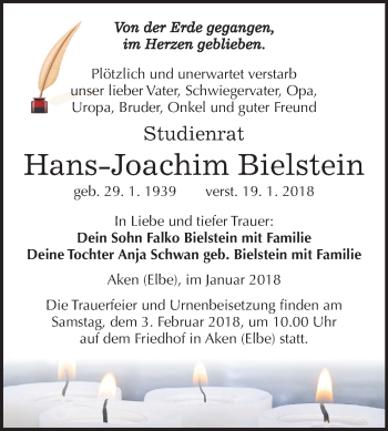 Traueranzeige von Hans-Joachim Bielstein von Mitteldeutsche Zeitung Köthen