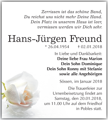Traueranzeige von Hans-Jürgen  Freund von Mitteldeutsche Zeitung Weißenfels