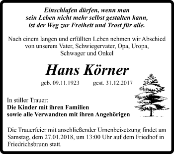 Traueranzeige von Hans Körner von Super Sonntag Quedlinburg