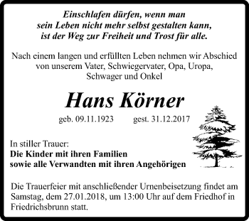 Traueranzeige von Hans Körner von Mitteldeutsche Zeitung Quedlinburg