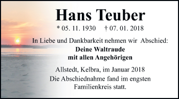 Traueranzeige von Hans Teuber von Mitteldeutsche Zeitung Sangerhausen