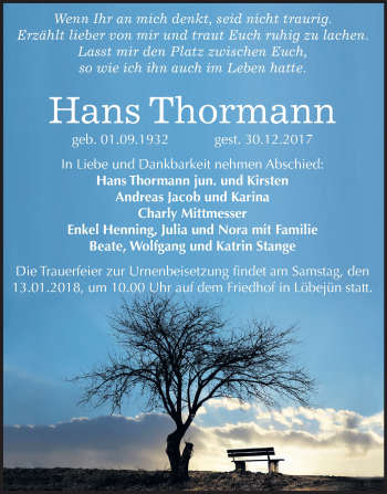 Traueranzeige von Hans Thormann von Mitteldeutsche Zeitung Halle/Saalkreis