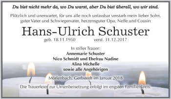 Traueranzeige von Hans-Ulrich Schuster von Wochenspiegel Mansfelder Land