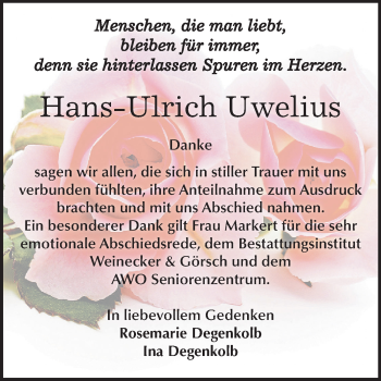 Traueranzeige von Hans-Ulrich Uwelius von Mitteldeutsche Zeitung Bernburg