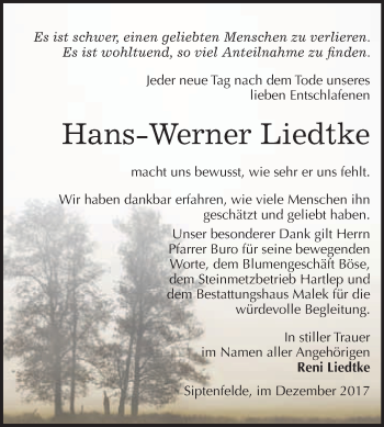 Traueranzeige von Hans-Werner Liedtke von WVG - Wochenspiegel Quedlinburg