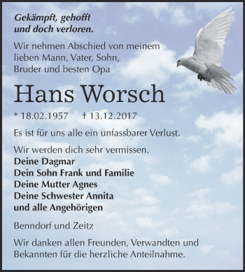 Traueranzeige von Hans Worsch von Super Sonntag Zeitz