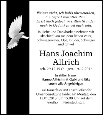 Traueranzeige von Hans Joachim Allrich von WVG - Wochenspiegel Quedlinburg