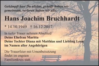 Traueranzeige von Hans Joachim Bruchhardt von WVG - Wochenspiegel Bitterfeld