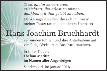Traueranzeige von Hans Joachim Bruchhardt von WVG - Wochenspiegel Bitterfeld