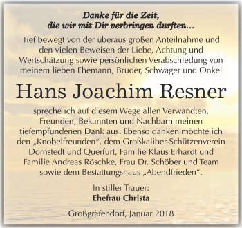 Traueranzeige von Hans Joachim Resner von WVG - Wochenspiegel Merseburg