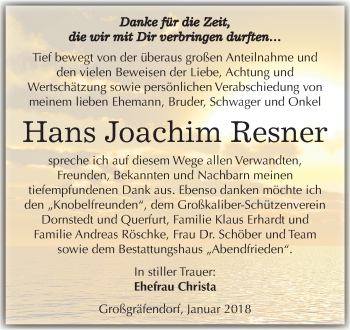 Traueranzeige von Hans Joachim Resner von Mitteldeutsche Zeitung Merseburg/Querfurt