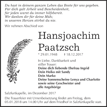 Traueranzeige von Hansjoachim Paatzsch von WVG - Wochenspiegel Bitterfeld