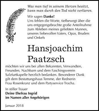 Traueranzeige von Hansjoachim Paatzsch von Mitteldeutsche Zeitung Bitterfeld