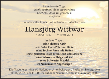 Traueranzeige von Hansjörg Wittwar von Mitteldeutsche Zeitung Merseburg/Querfurt