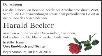 Traueranzeige von Harald Becker von Super Sonntag SGH Mansf. Land