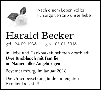 Traueranzeige von Harald Becker von Mitteldeutsche Zeitung Sangerhausen