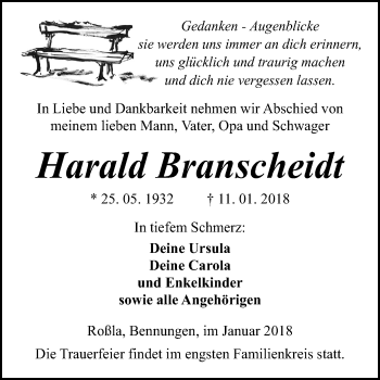 Traueranzeige von Harald Branscheidt von Mitteldeutsche Zeitung Sangerhausen