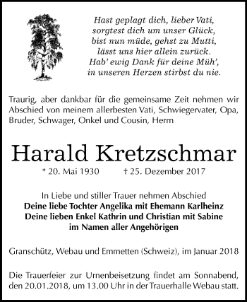 Traueranzeige von Harald Kretzschmar von Mitteldeutsche Zeitung Weißenfels