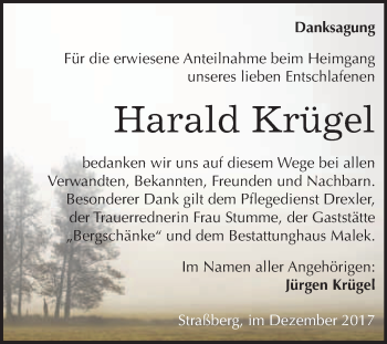 Traueranzeige von Harald Krügel von WVG - Wochenspiegel Quedlinburg