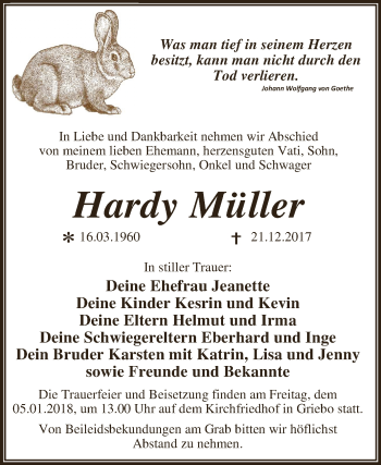 Traueranzeige von Hardy Müller von WVG - Wochenspiegel Dessau / Köthen