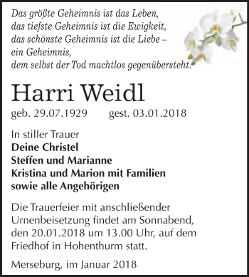 Traueranzeige von Harri Weidl von WVG - Wochenspiegel Merseburg