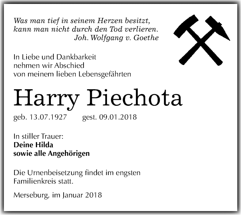  Traueranzeige für Harry Piechota vom 27.01.2018 aus Mitteldeutsche Zeitung