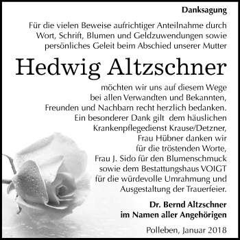 Traueranzeige von Hedwig Altzschner von Mitteldeutsche Zeitung