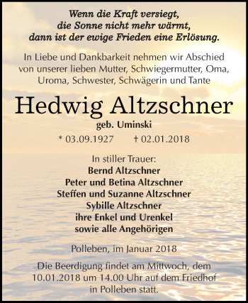 Traueranzeige von Hedwig Altzschner von Super Sonntag SGH Mansf. Land