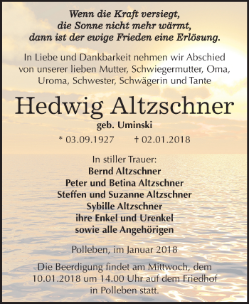 Traueranzeige von Hedwig Altzschner von Mitteldeutsche Zeitung