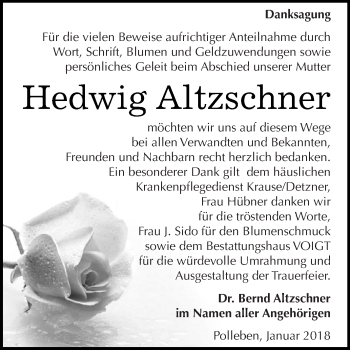 Traueranzeige von Hedwig Altzschner von Super Sonntag SGH Mansf. Land
