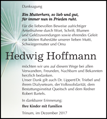 Traueranzeige von Hedwig Hoffmann von Mitteldeutsche Zeitung Köthen
