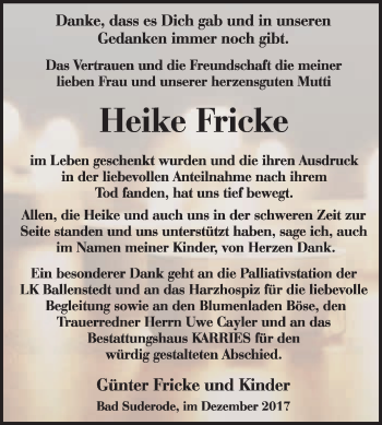 Traueranzeige von Heike Fricke von WVG - Wochenspiegel Quedlinburg