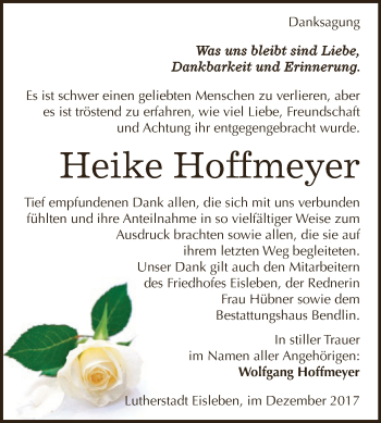 Traueranzeige von Heike Hoffmeyer von Super Sonntag SGH Mansf. Land