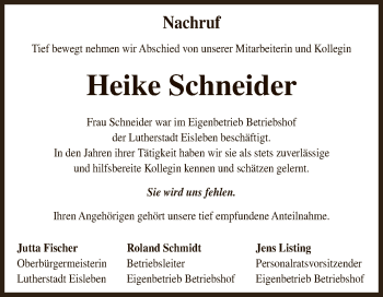 Traueranzeige von Heike Schneider von Super Sonntag SGH Mansf. Land