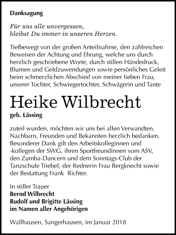 Traueranzeige von Heike Wilbrecht von Mitteldeutsche Zeitung Sangerhausen