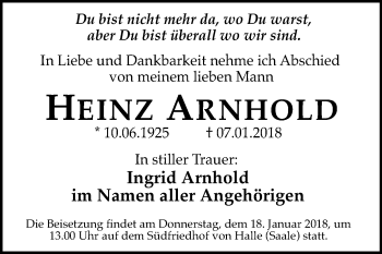 Traueranzeige von Heinz Arnhold von Mitteldeutsche Zeitung Halle/Saalkreis