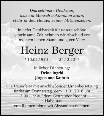 Traueranzeige von Heinz Berger von Mitteldeutsche Zeitung Halle/Saalkreis