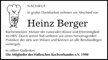 Traueranzeige von Heinz Berger von Mitteldeutsche Zeitung Halle/Saalkreis