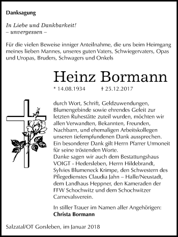 Traueranzeige von Heinz Bormann von Mitteldeutsche Zeitung Halle/Saalkreis