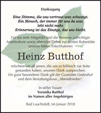 Traueranzeige von Heinz Butthof von WVG - Wochenspiegel Merseburg
