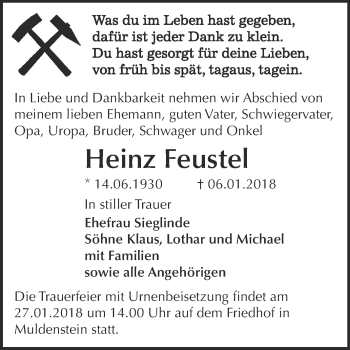 Traueranzeige von Heinz Feustel von WVG - Wochenspiegel Bitterfeld